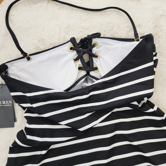 NWT Ralph Lauren Port Black White Stripe Lace Front Tankini Tankini Swim Top - Picture 10 of 10